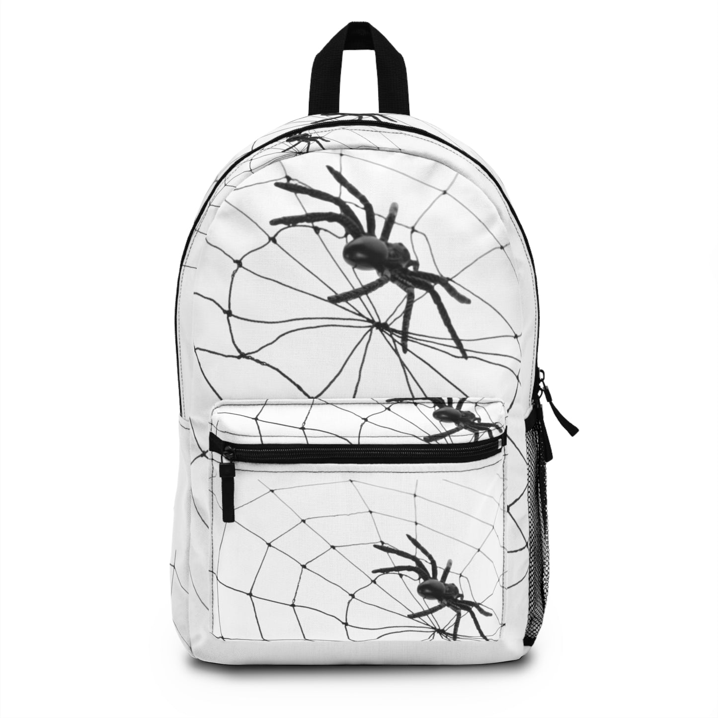 Spider in Web on White Backpack, Stylish Daypack for Spooky Season, Ideal for Halloween, School, and Travel, Trendy Gift for Kids and Teens